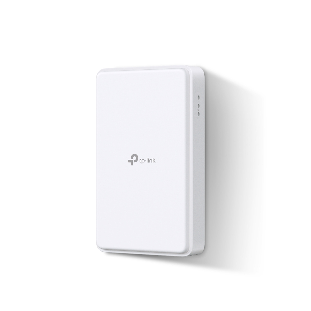 Białe urządzenie sieciowe TP-Link z zaokrąglonymi rogami na białym tle z lekkim cieniem.