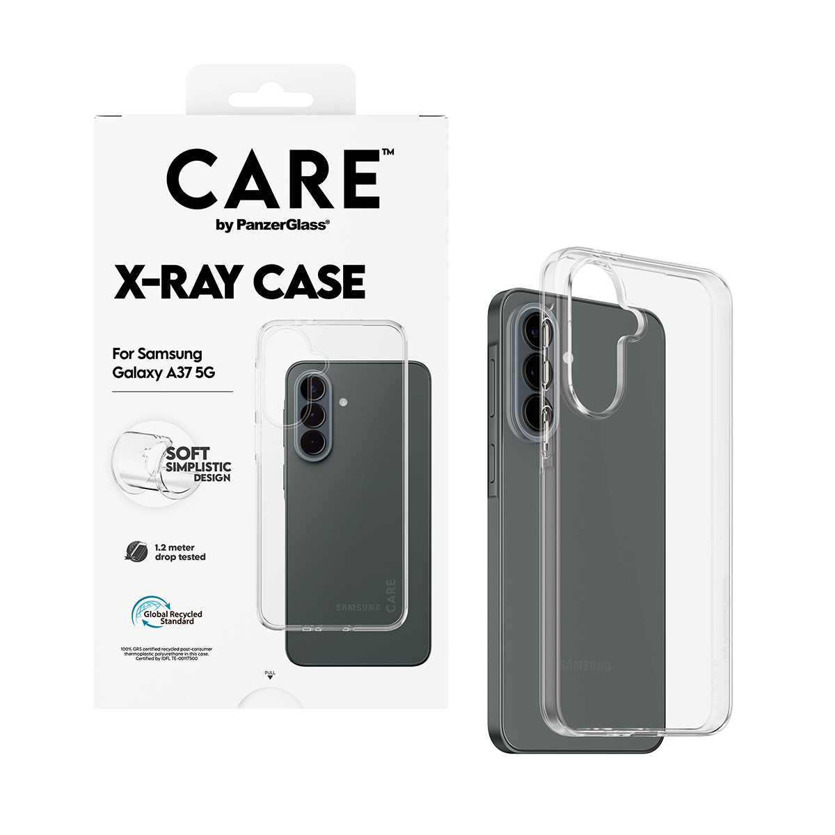 Verpackung und transparente Handyhülle für Samsung Galaxy A37 5G von PanzerGlass mit sturzgeprüften Merkmalen.