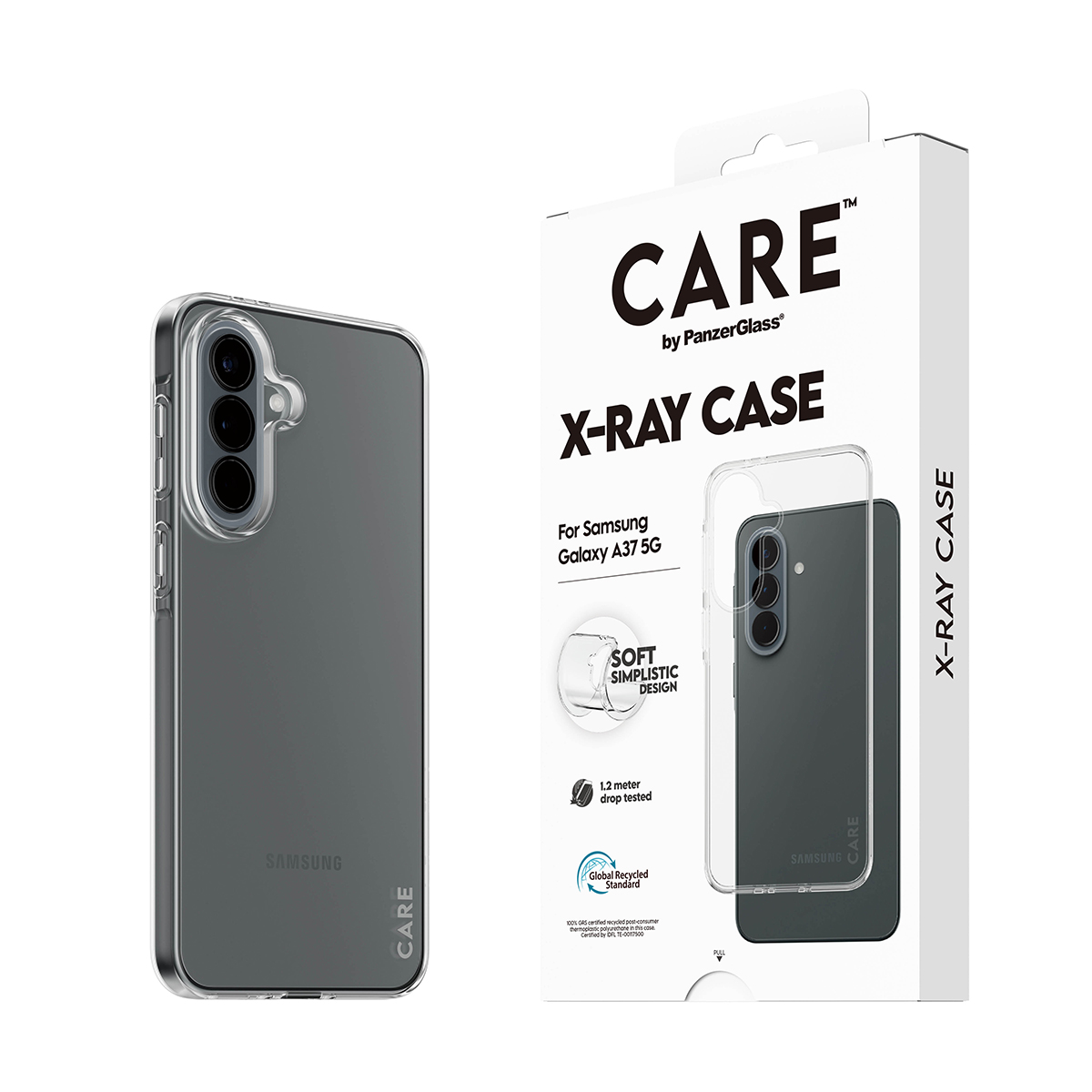Eine PanzerGlass X-Ray Schutzhülle für Samsung Galaxy A37 5G mit ihrer weißen Verpackung.