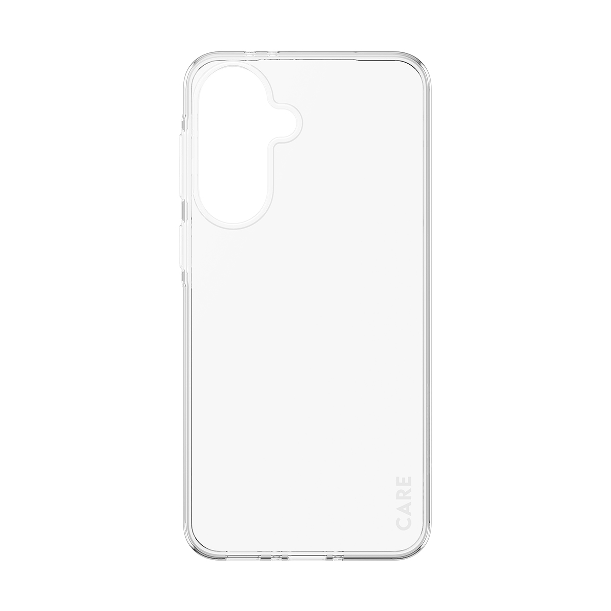 Eine klare, transparente Smartphone-Hülle mit Kamera-Aussparungen und dem aufgedruckten Wort CARE.