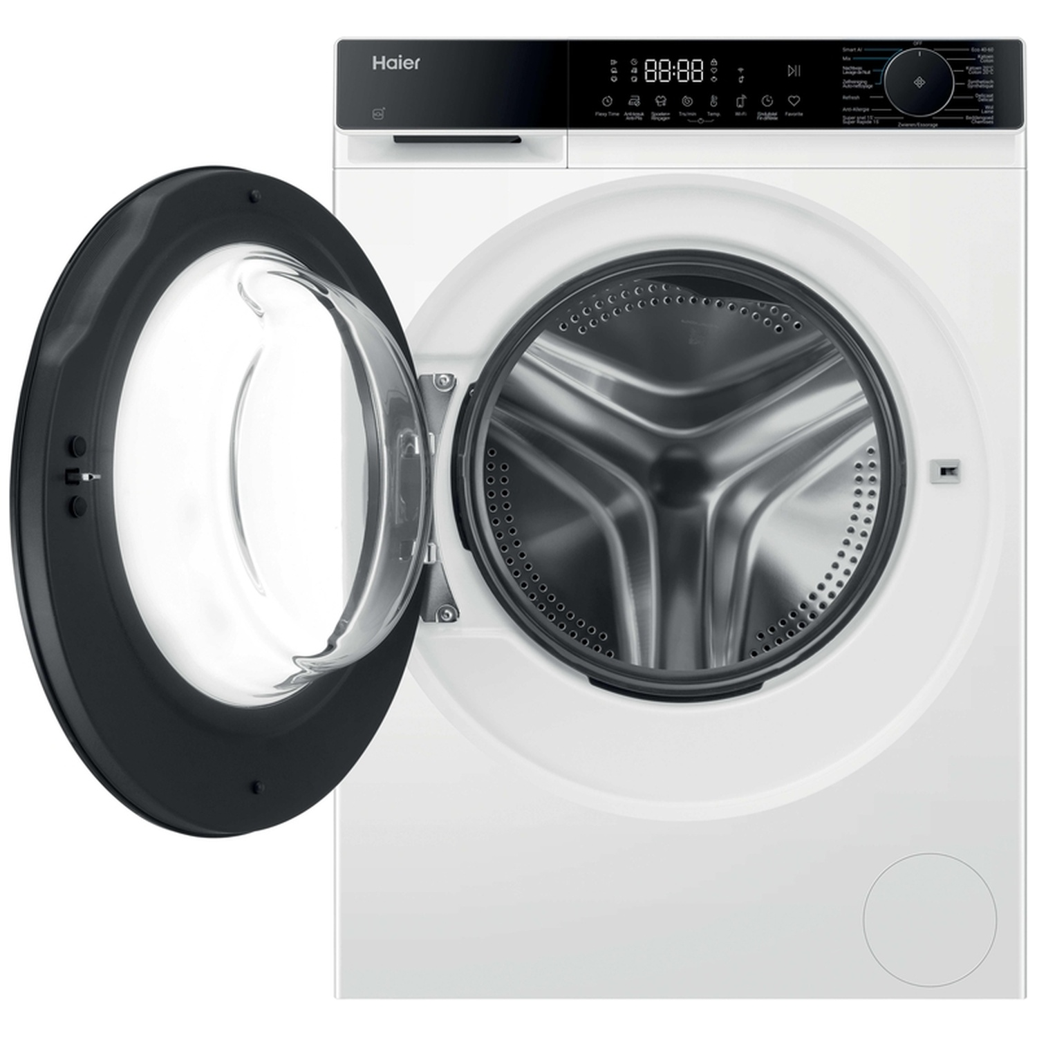Een witte Haier wasmachine met open zwarte glazen deur en digitaal display.