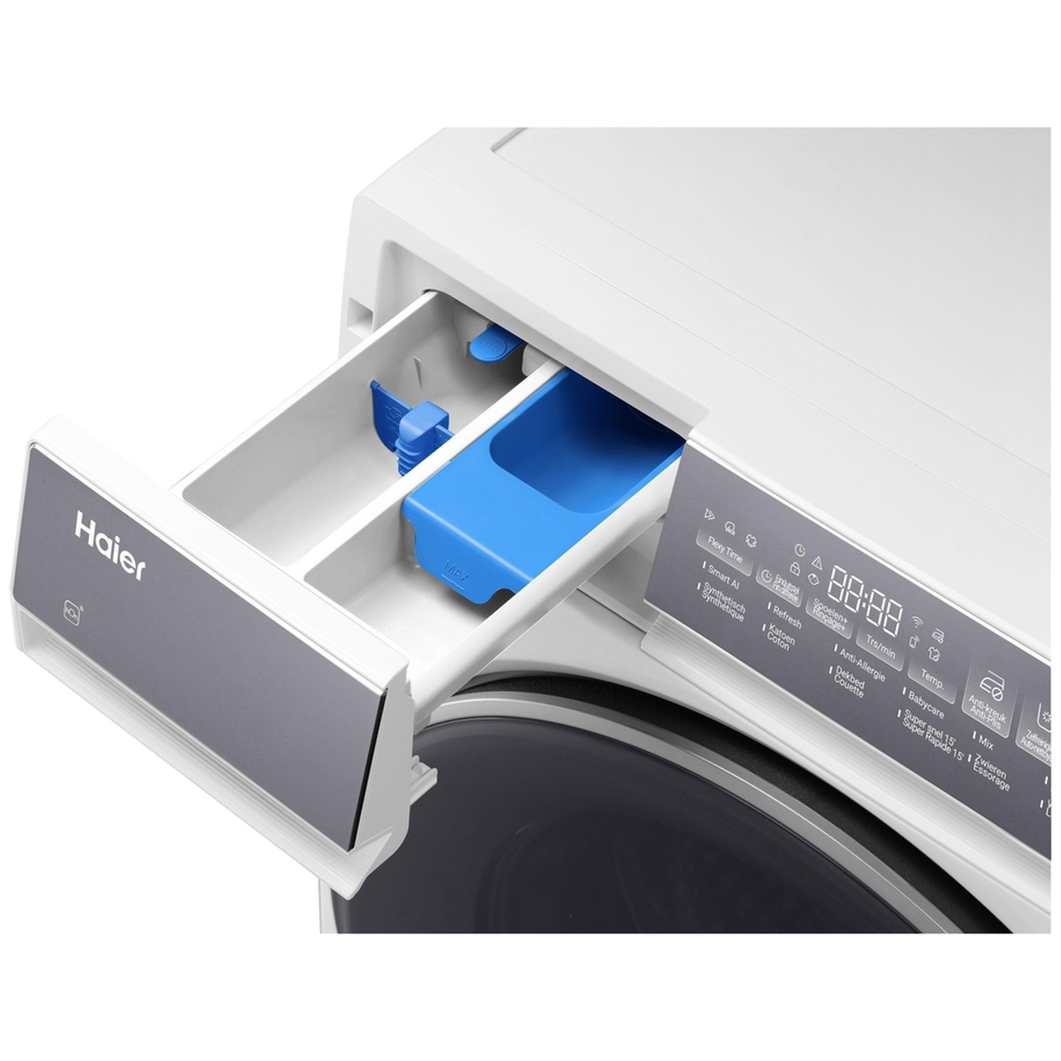 Open zeepbakje van een witte Haier wasmachine met blauwe inzetstukken.