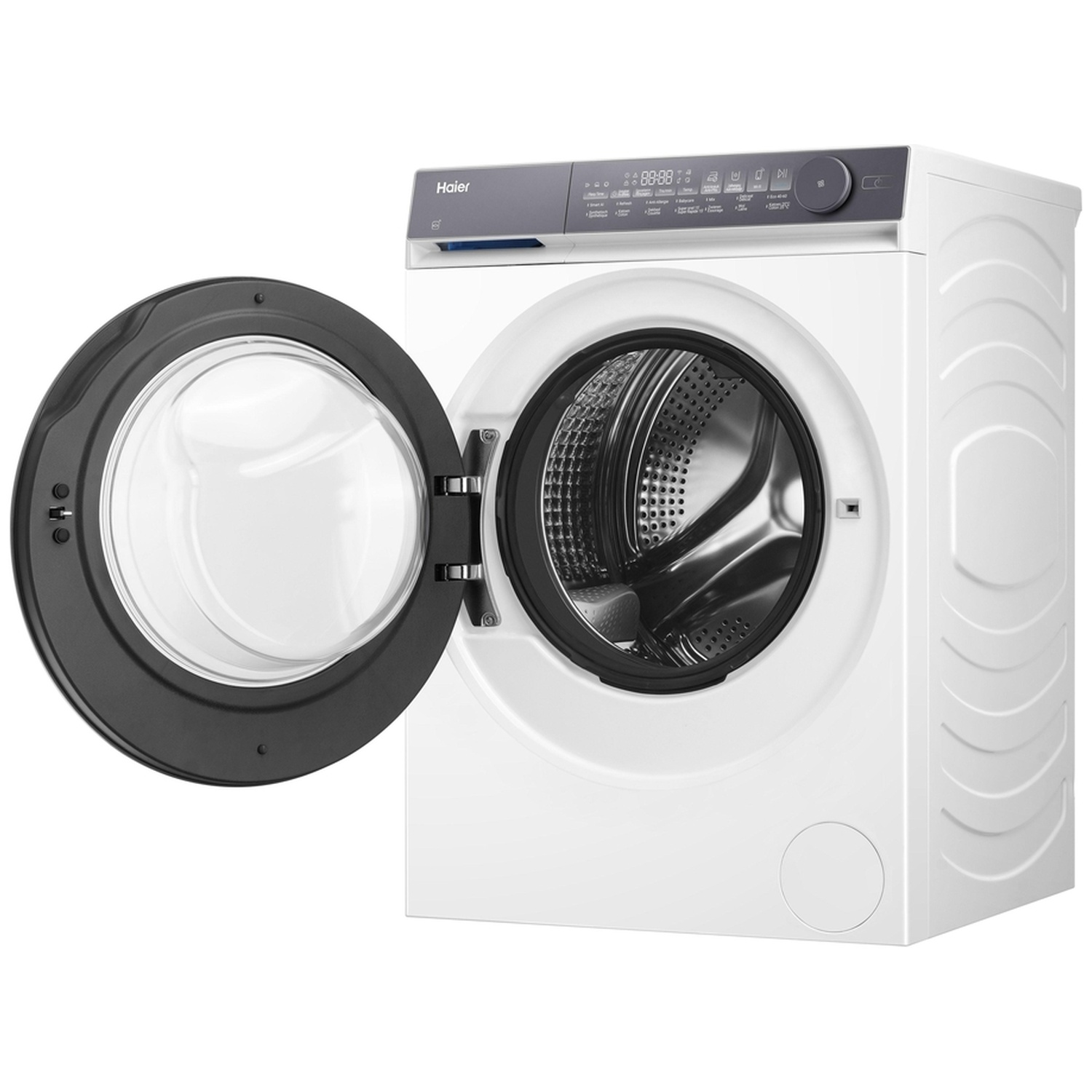 Witte Haier wasmachine met open zwarte glazen deur en roestvrijstalen trommel op een witte achtergrond.