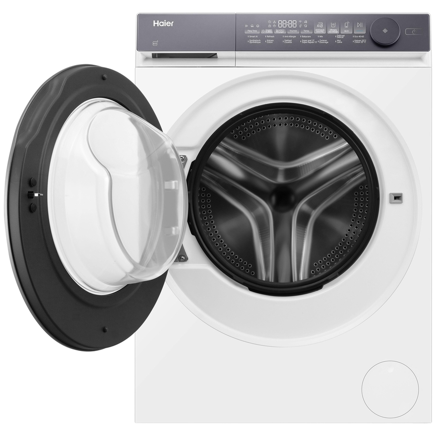 Een witte Haier wasmachine met een open zwarte glazen deur en zicht op de trommel.