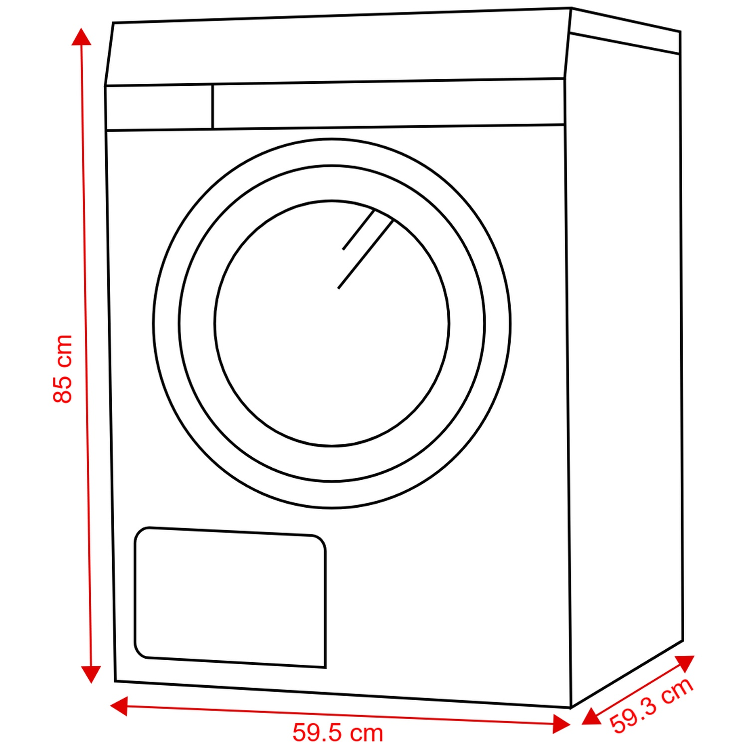 Lijntekening van een wasmachine met afmetingen: hoogte 85 cm, breedte 59,5 cm en diepte 59,3 cm.
