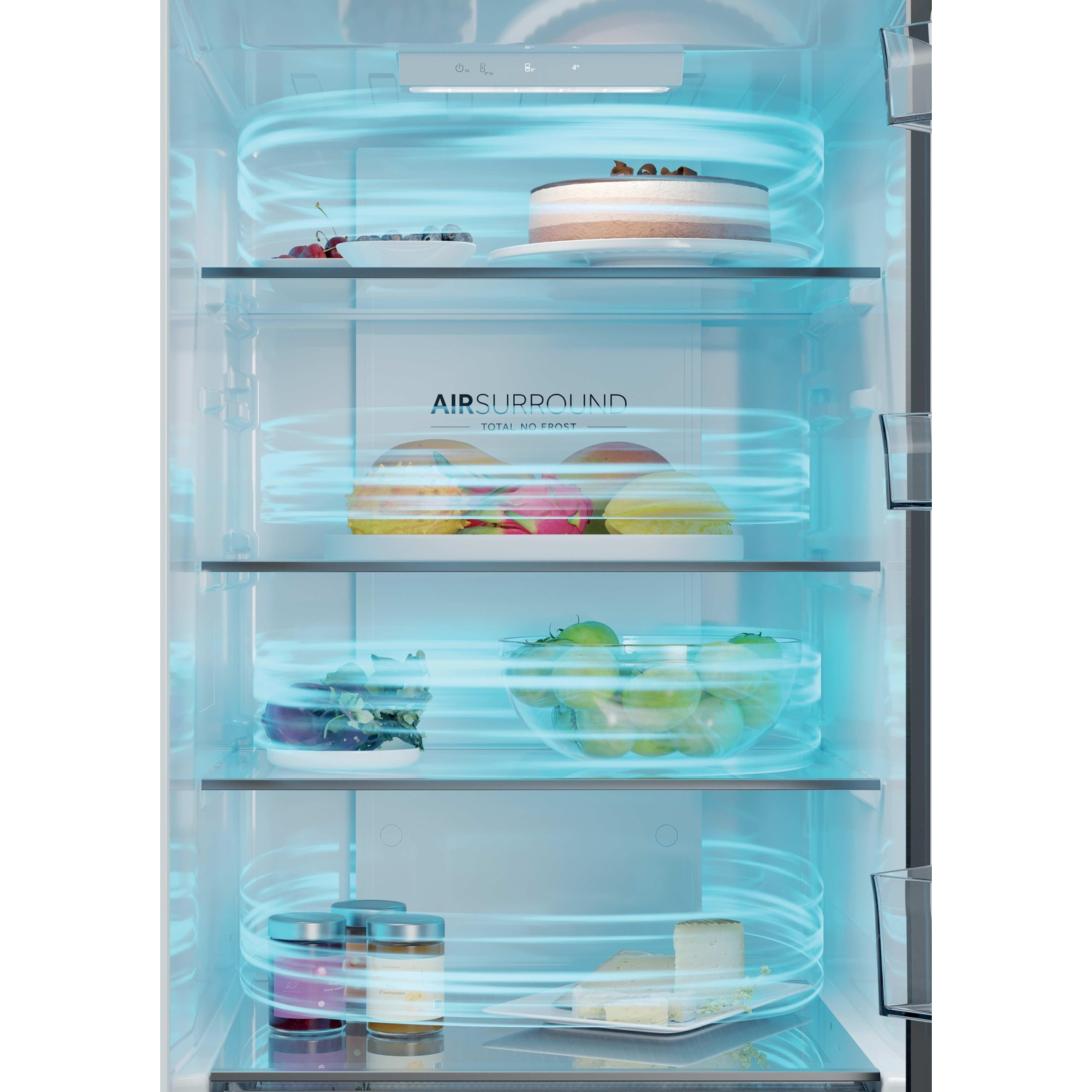 Intérieur de réfrigérateur ouvert avec des lignes de flux d'air illuminées et divers aliments sur les étagères.