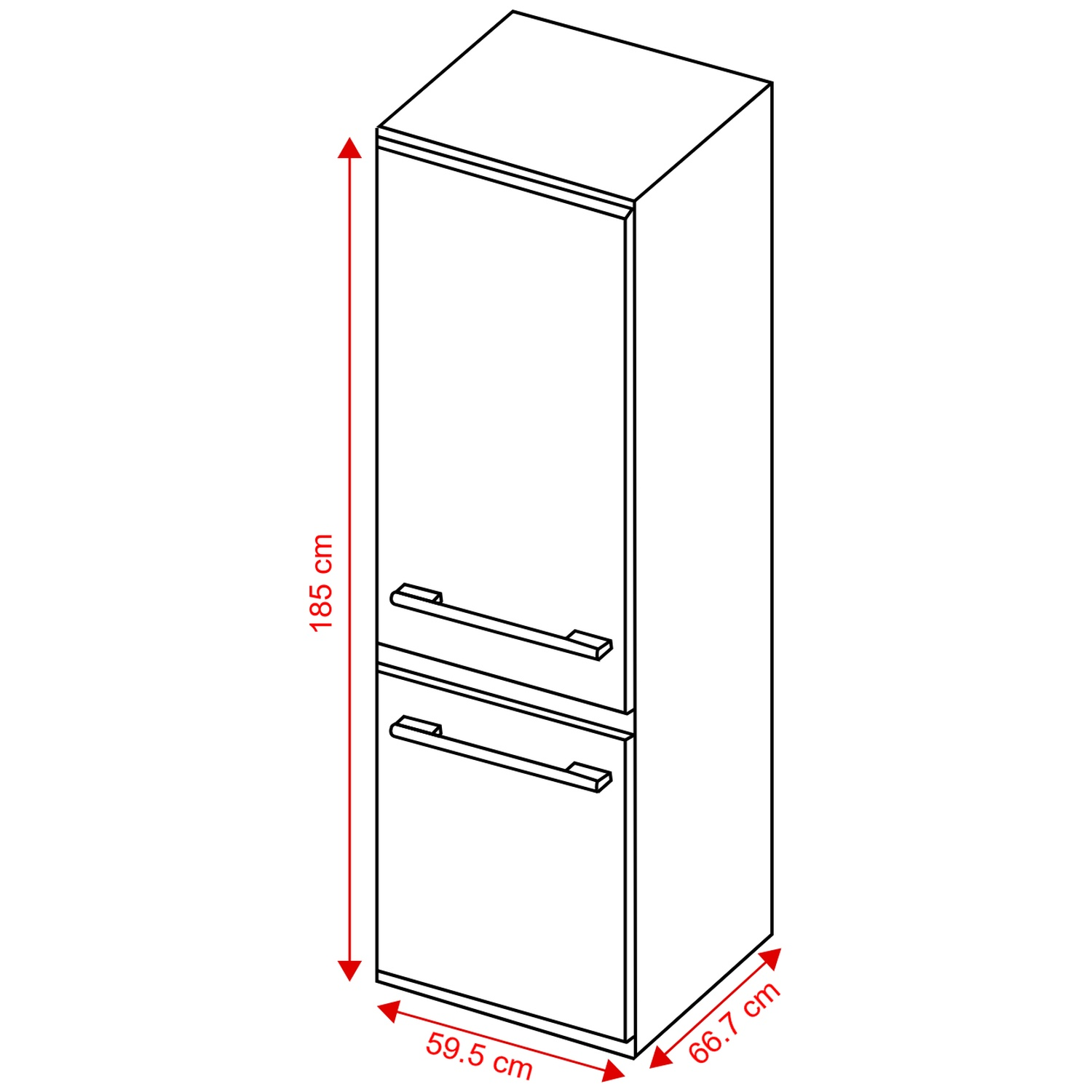 Dessin au trait d'un grand meuble de cuisine avec dimensions : 185 cm de haut, 59,5 cm de large et 66,7 cm de profondeur.