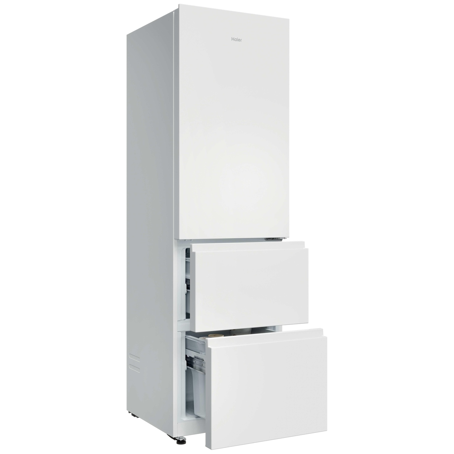 Un réfrigérateur Haier blanc avec une porte supérieure et deux tiroirs inférieurs ouverts.