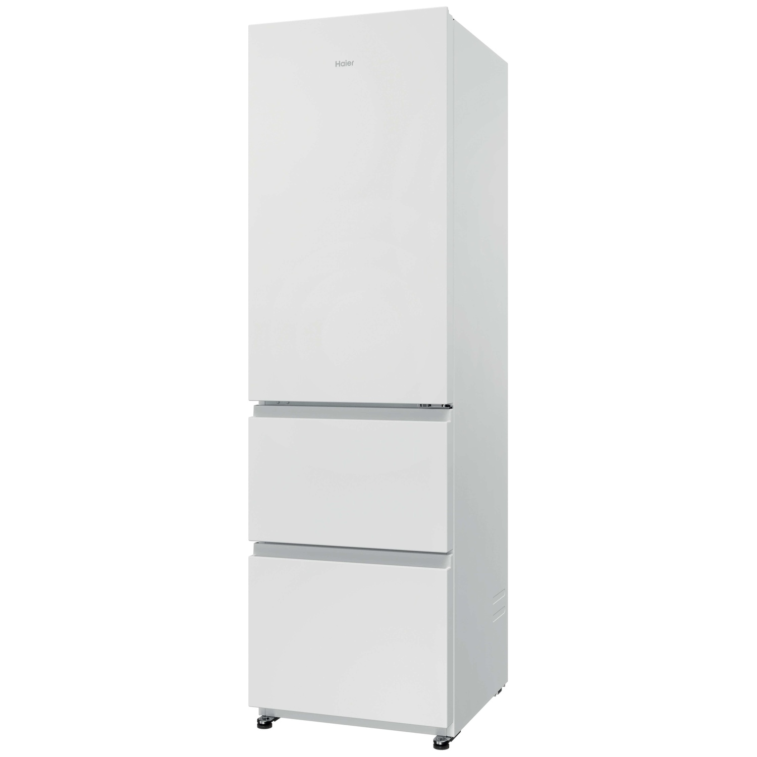 Un réfrigérateur blanc Haier avec un compartiment supérieur et deux tiroirs inférieurs.