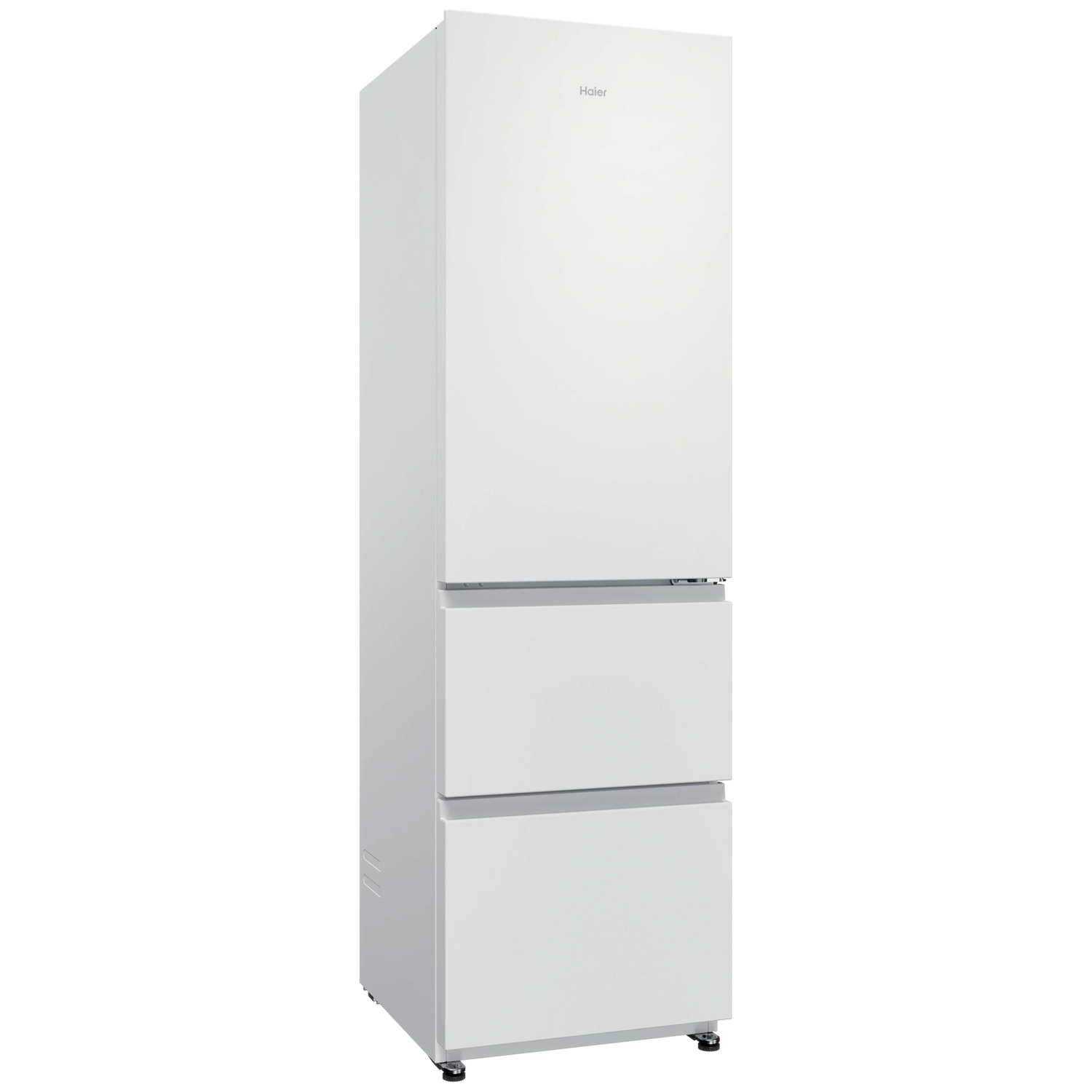 Un réfrigérateur Haier blanc avec poignées intégrées et deux tiroirs de congélation en bas sur fond blanc.