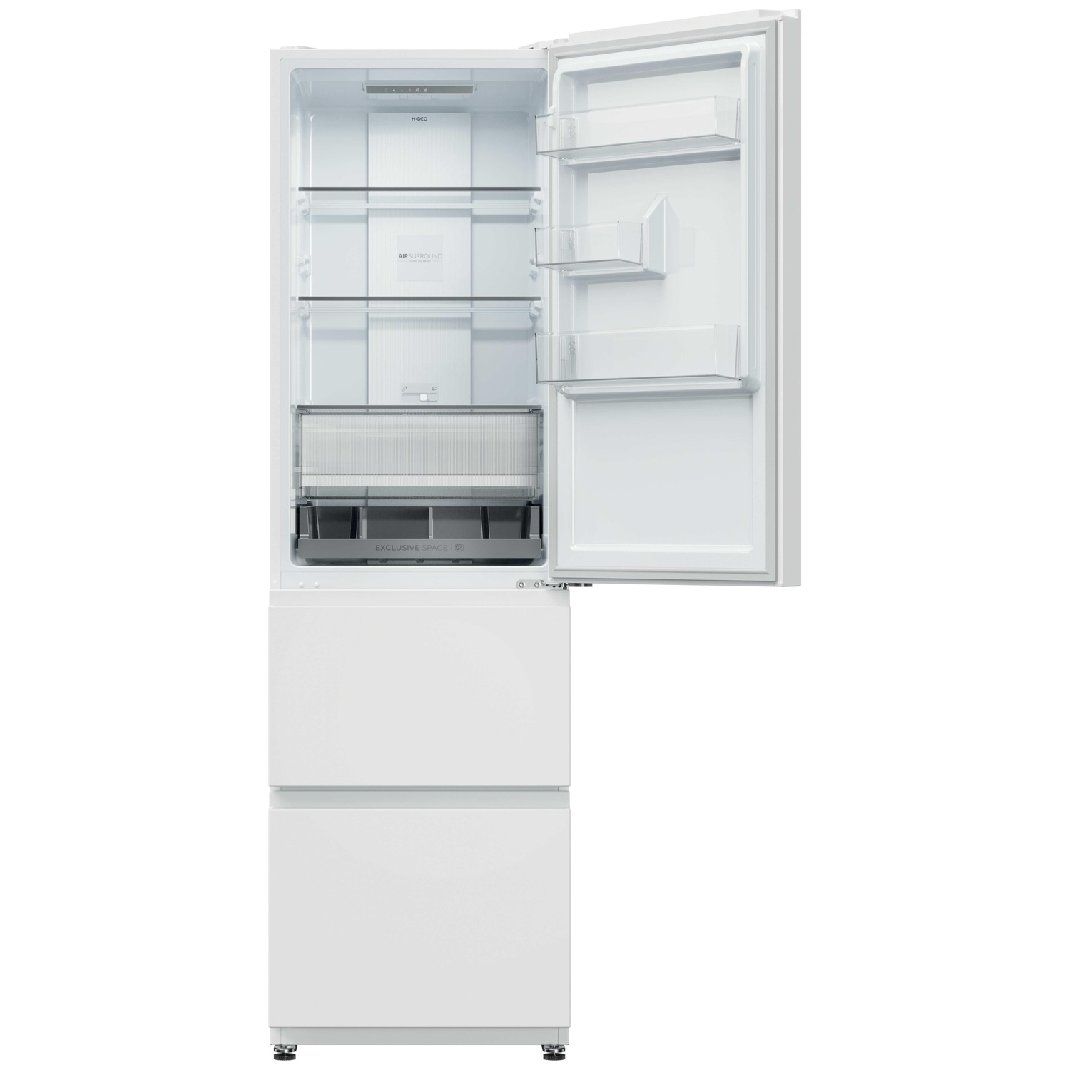 Un réfrigérateur blanc avec porte supérieure ouverte, étagères intérieures et tiroirs congélateur en bas.
