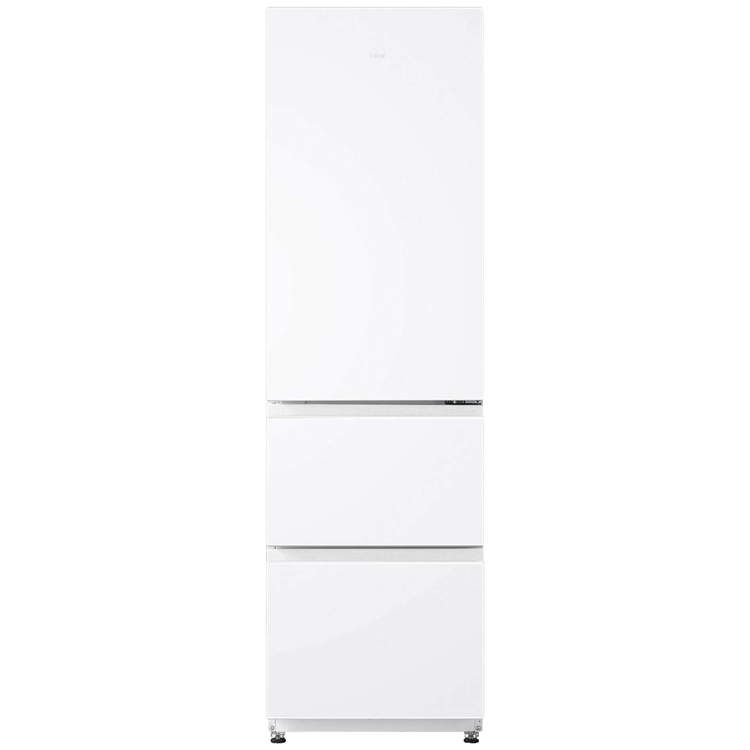 Un réfrigérateur Haier blanc élégant avec une porte supérieure et deux tiroirs de congélation sur fond blanc.