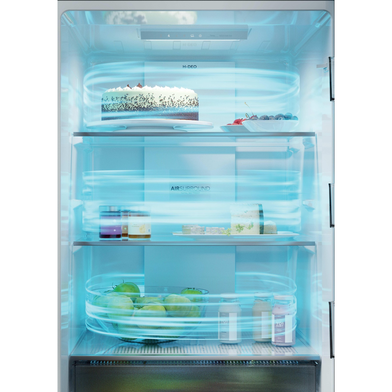 Réfrigérateur ouvert avec des aliments comme un gâteau et des fruits, éclairé par des lignes d'air bleues.