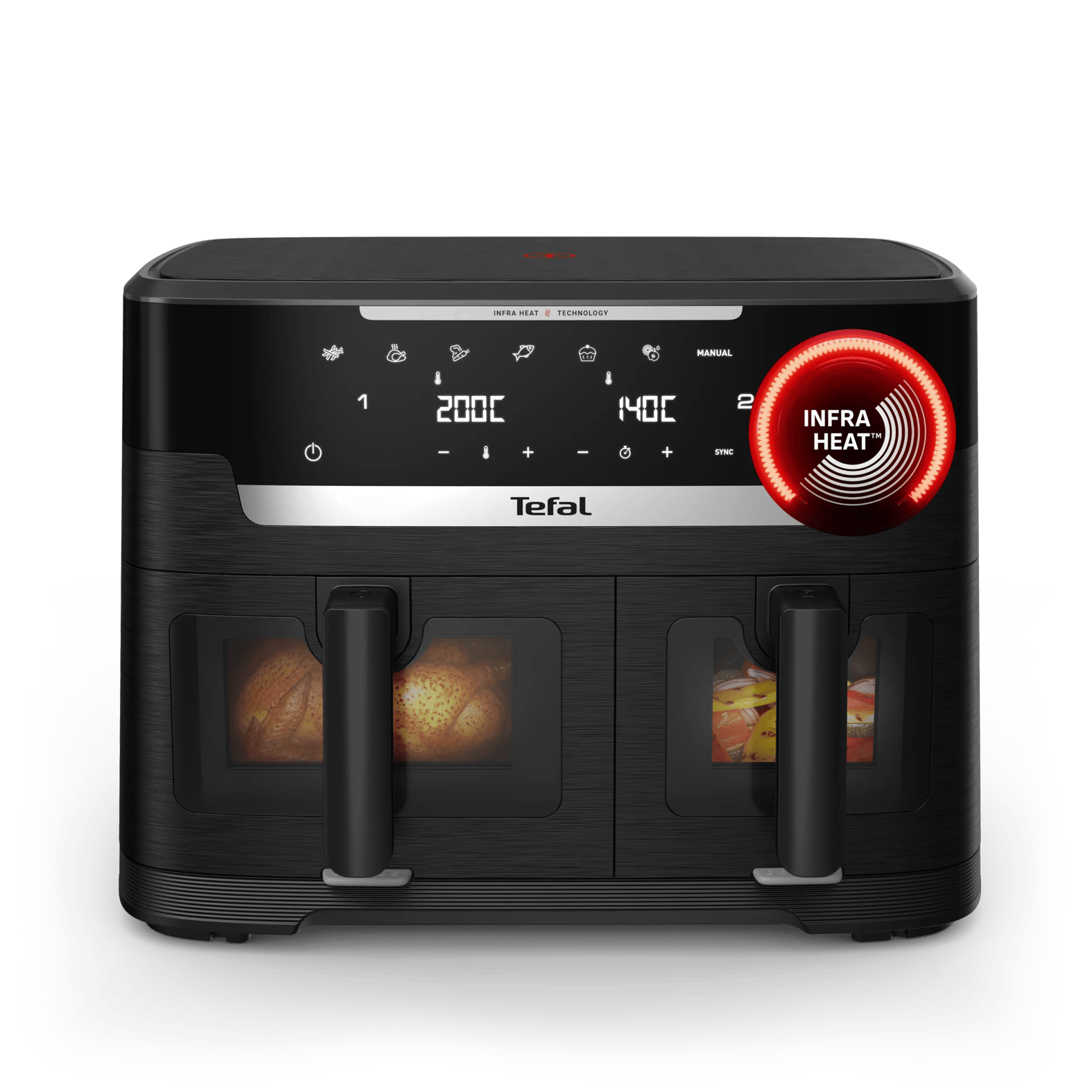 Schwarze Tefal Heißluftfritteuse mit Doppelkorb, digitalem Display und rotem Infra-Heat-Symbol.