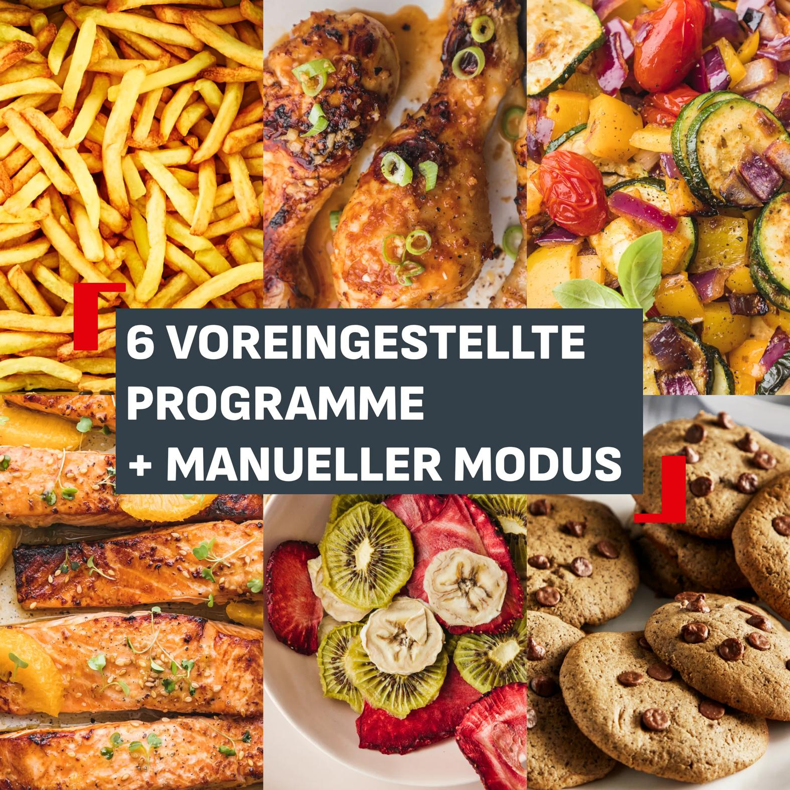 Ein Bild mit sechs verschiedenen Speisen wie Pommes, Hähnchen, Gemüse, Fisch und Keksen sowie Text.