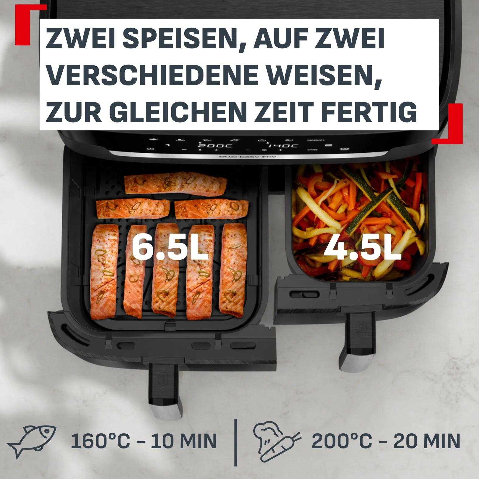 Heißluftfritteuse mit zwei Fächern: links Lachs (6,5L), rechts Gemüse (4,5L).