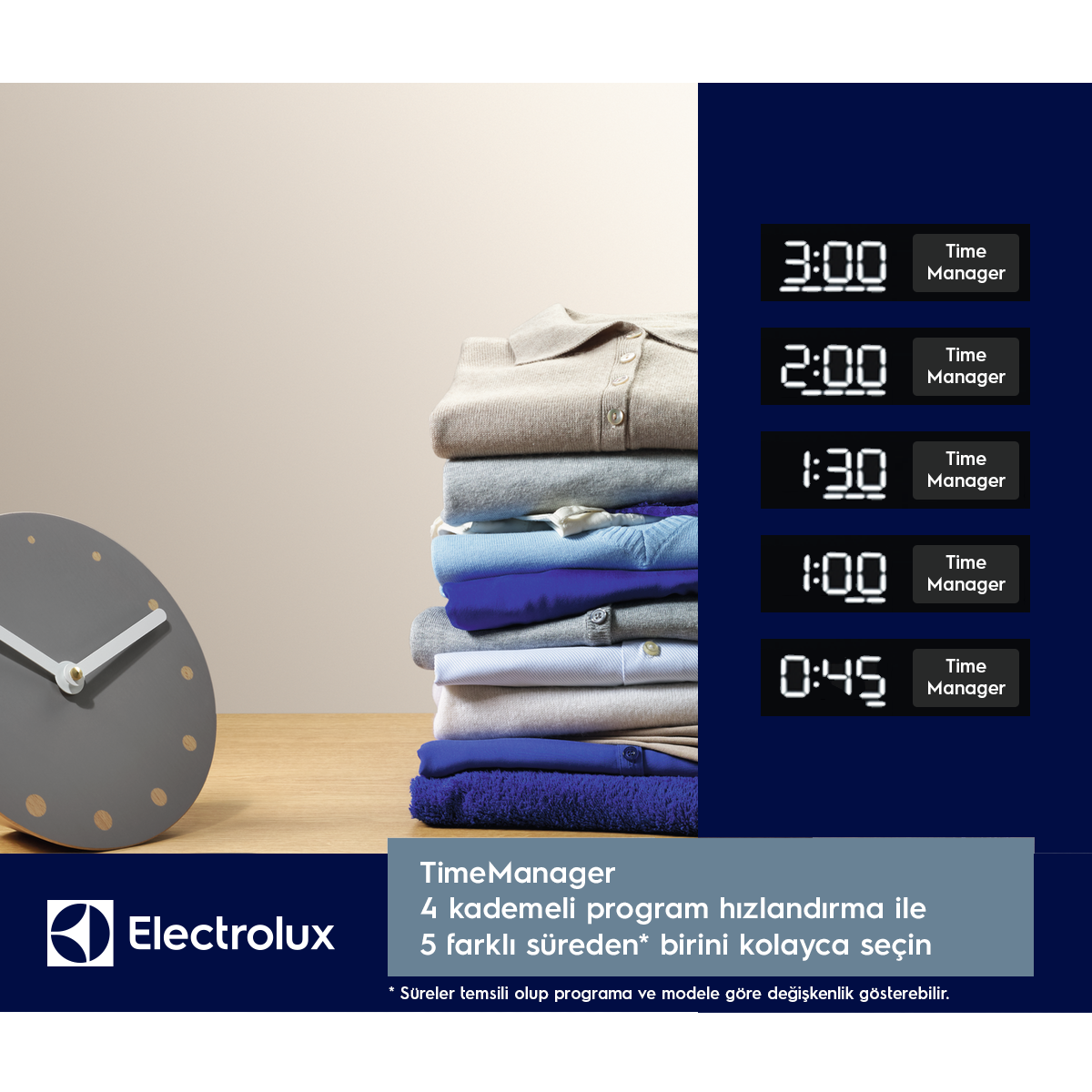 Ahşap masa üzerinde düzgünce katlanmış kıyafetler, gri saat ve Electrolux logosu.