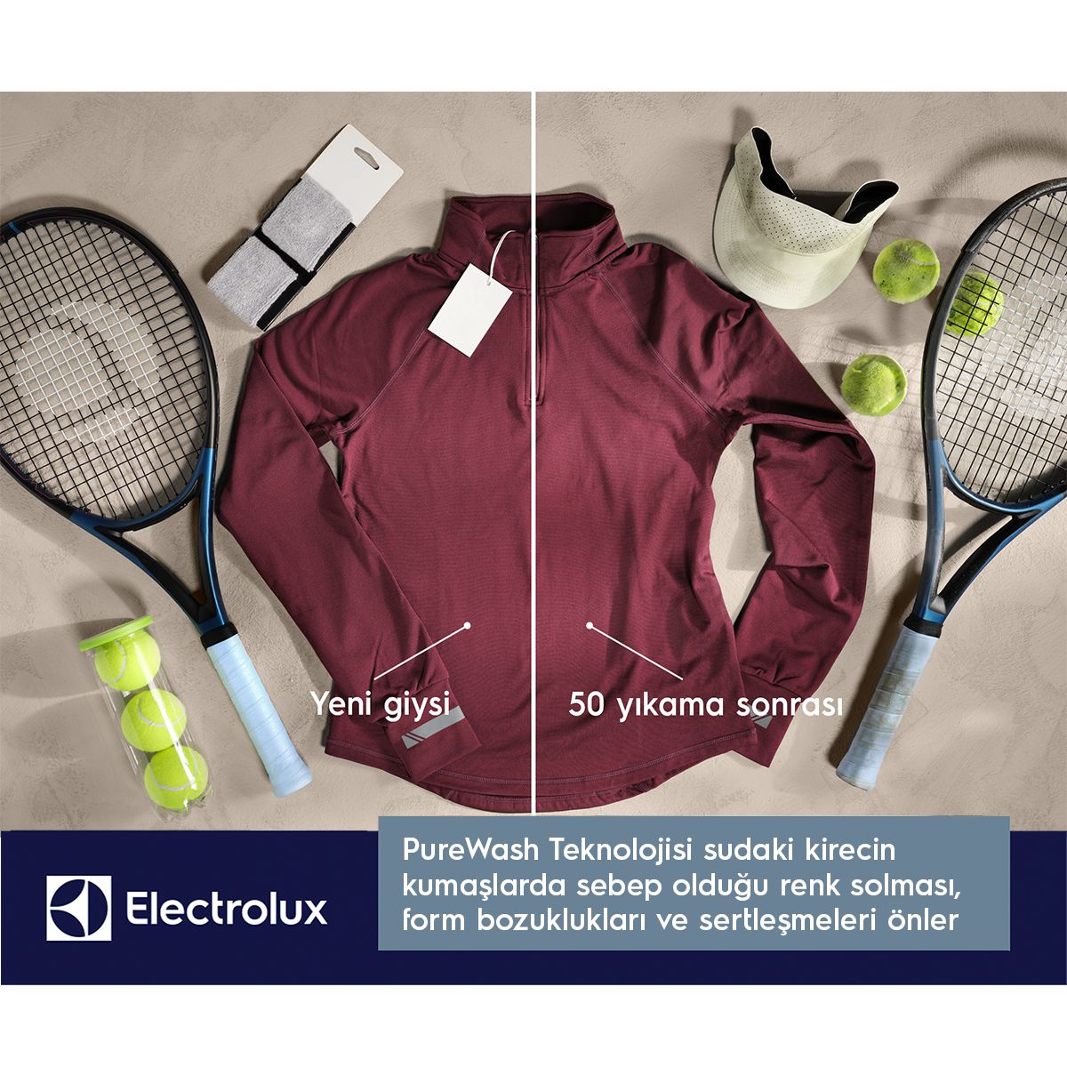 Yeni bordo spor üstün 50 yıkama sonrası haliyle karşılaştırılması, tenis ekipmanlarıyla.