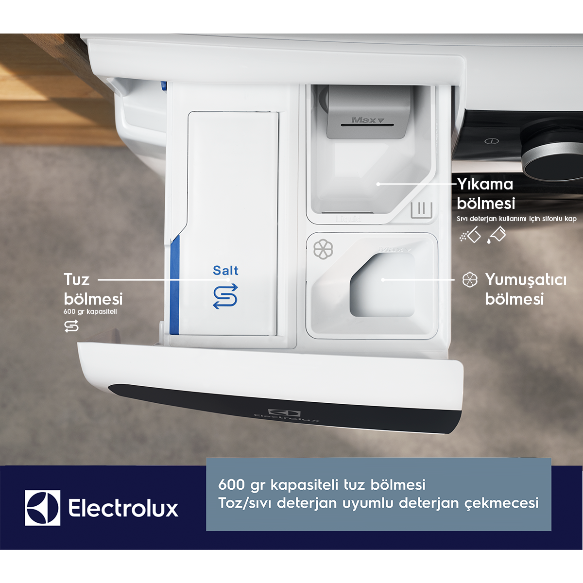 Tuz, yıkama ve yumuşatıcı bölmelerini gösteren açık bir Electrolux çamaşır makinesi deterjan çekmecesi.