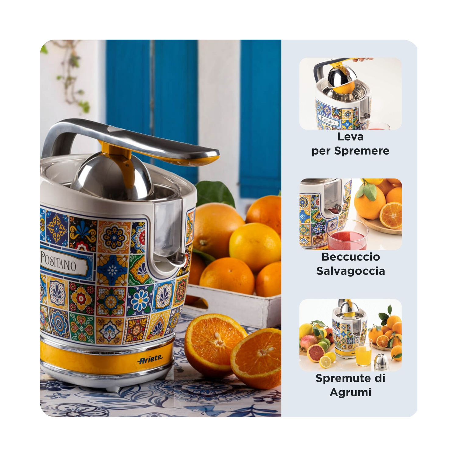 SPREMIAGRUMI ARIETE SPREMIAGRUMI POSITANO, Potenza 85 W, Recipiente succo da 0,6 l, 2 velocità velocità, in Metal, MULTICOLORE