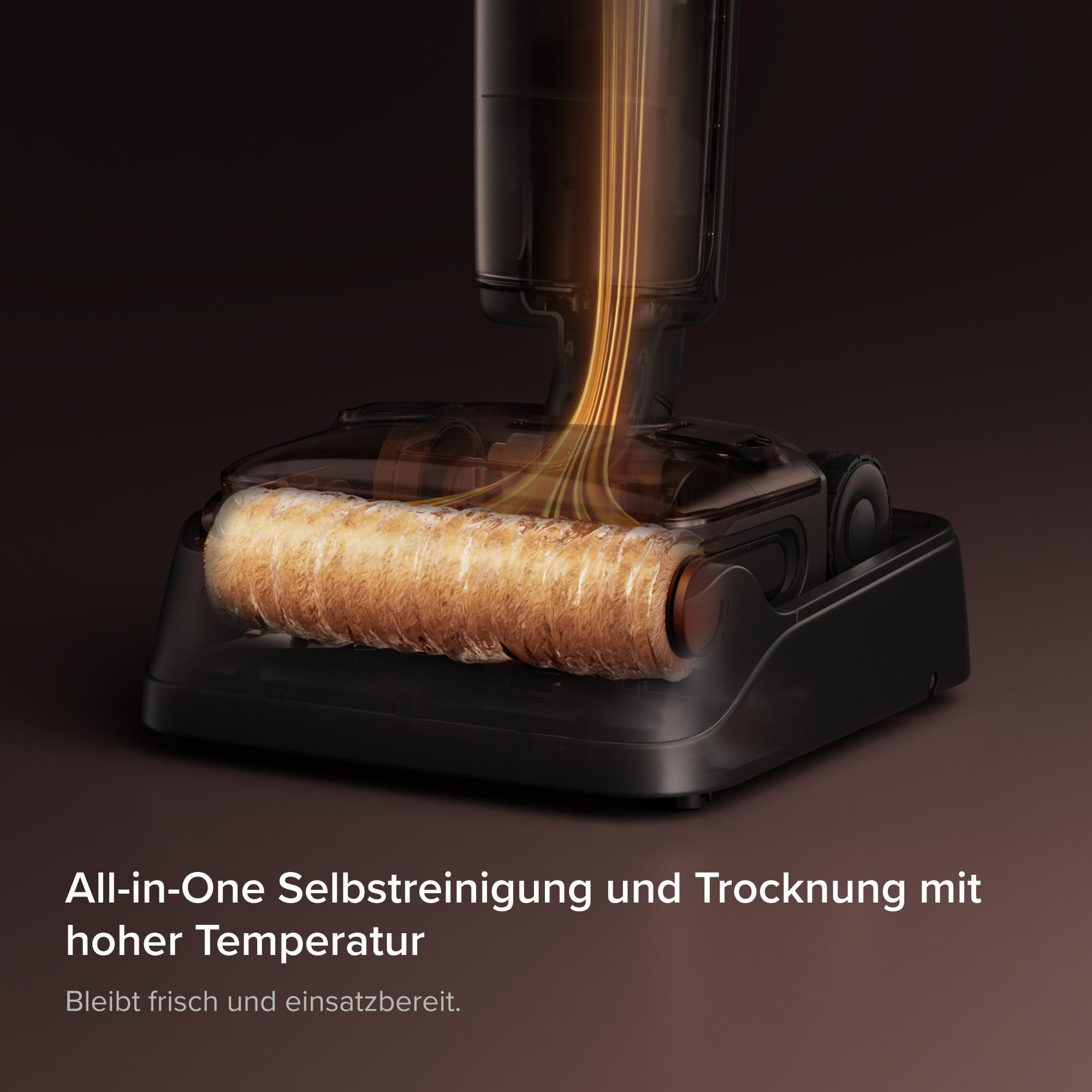 Wischmopp-Basis mit warmer Luft Trocknung und Selbstreinigung auf braunem Hintergrund.