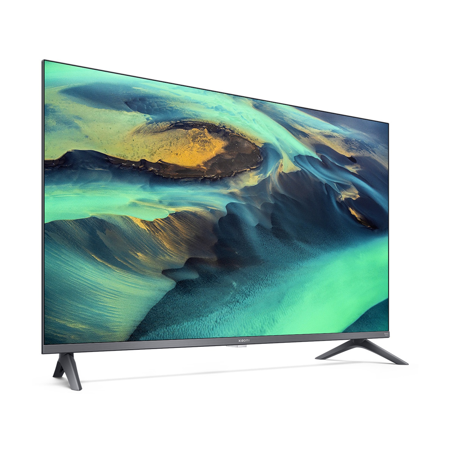 Una TV a schermo piatto con gambe a V mostra un'immagine astratta blu e gialla.