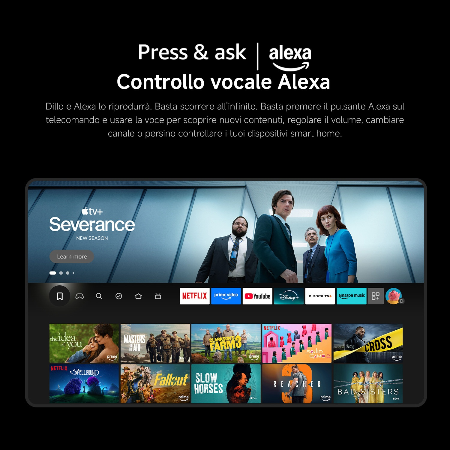 Pubblicità del controllo vocale Alexa su una smart TV che mostra la serie Severance e le app.