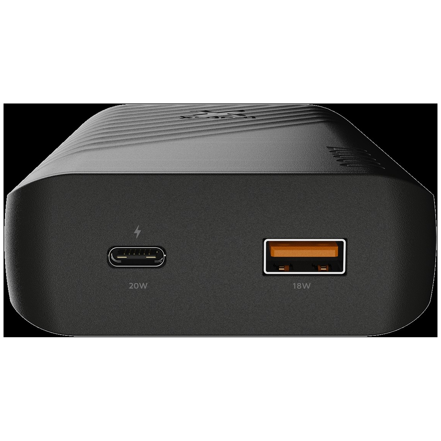 Batterie externe noire avec un port USB-C 20W et un port USB-A 18W.
