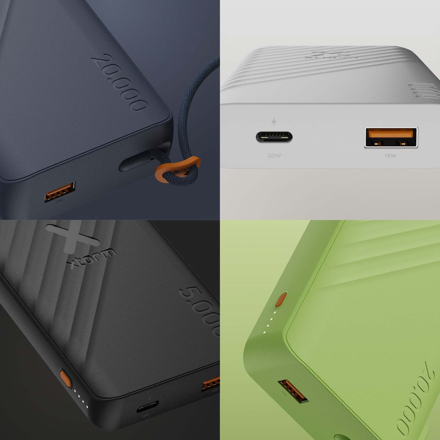 Quatre vues de batteries externes portables de différentes couleurs avec ports USB et lanière.
