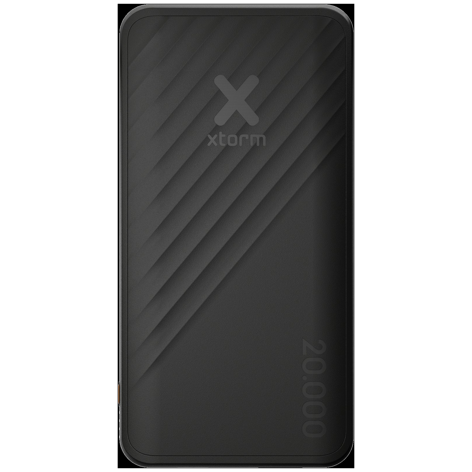 Batterie externe Xtorm noire de 20 000 mAh avec motif de lignes diagonales.
