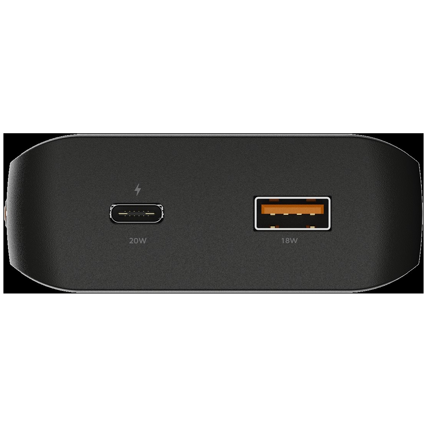 Chargeur noir avec un port USB-C 20W et un port USB-A 18W.