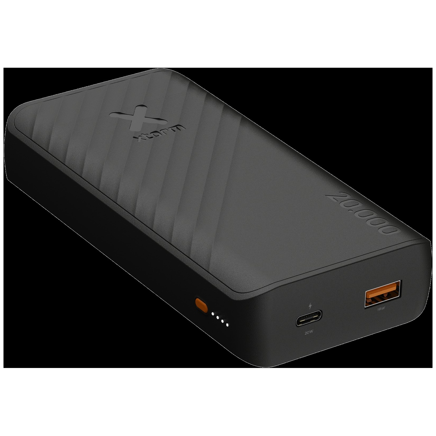 Batterie externe Xtorm noire avec ports USB-C et USB orange, et indicateurs LED.
