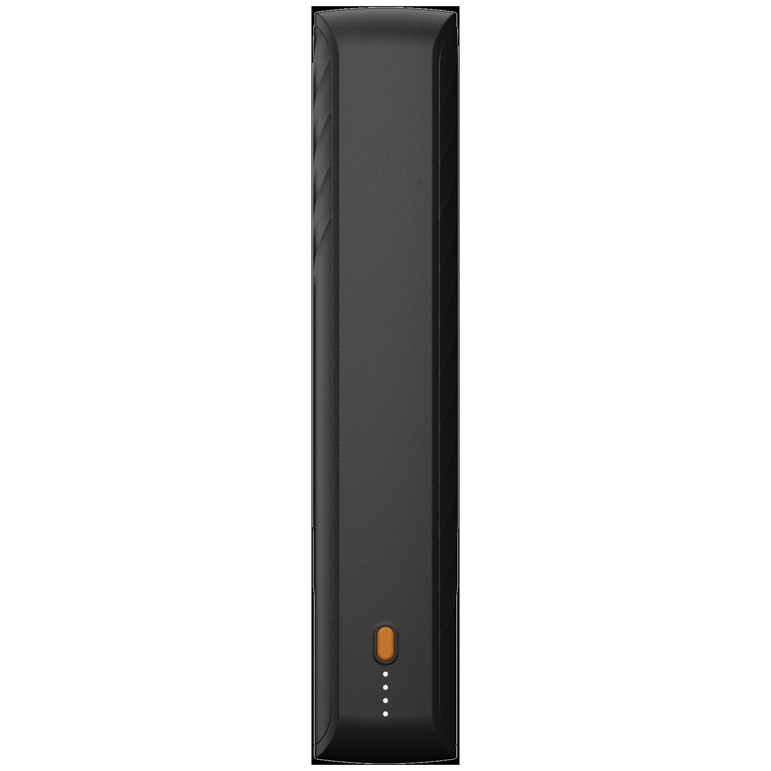 Une longue batterie externe noire avec un bouton ovale orange et quatre petits voyants LED blancs en bas.