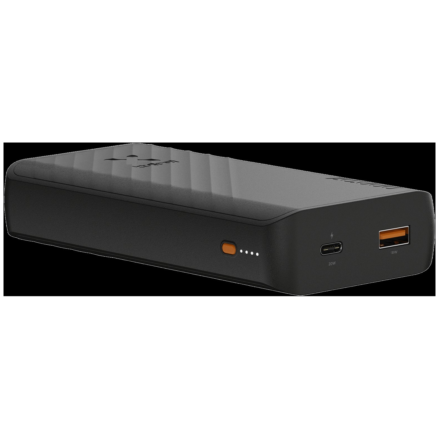 Batterie externe noire à boîtier texturé, ports USB-C et USB-A sur fond noir.