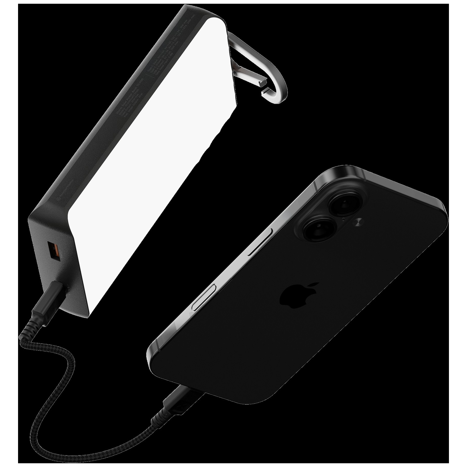 Un smartphone noir est relié par un câble à une batterie externe, sur fond noir.