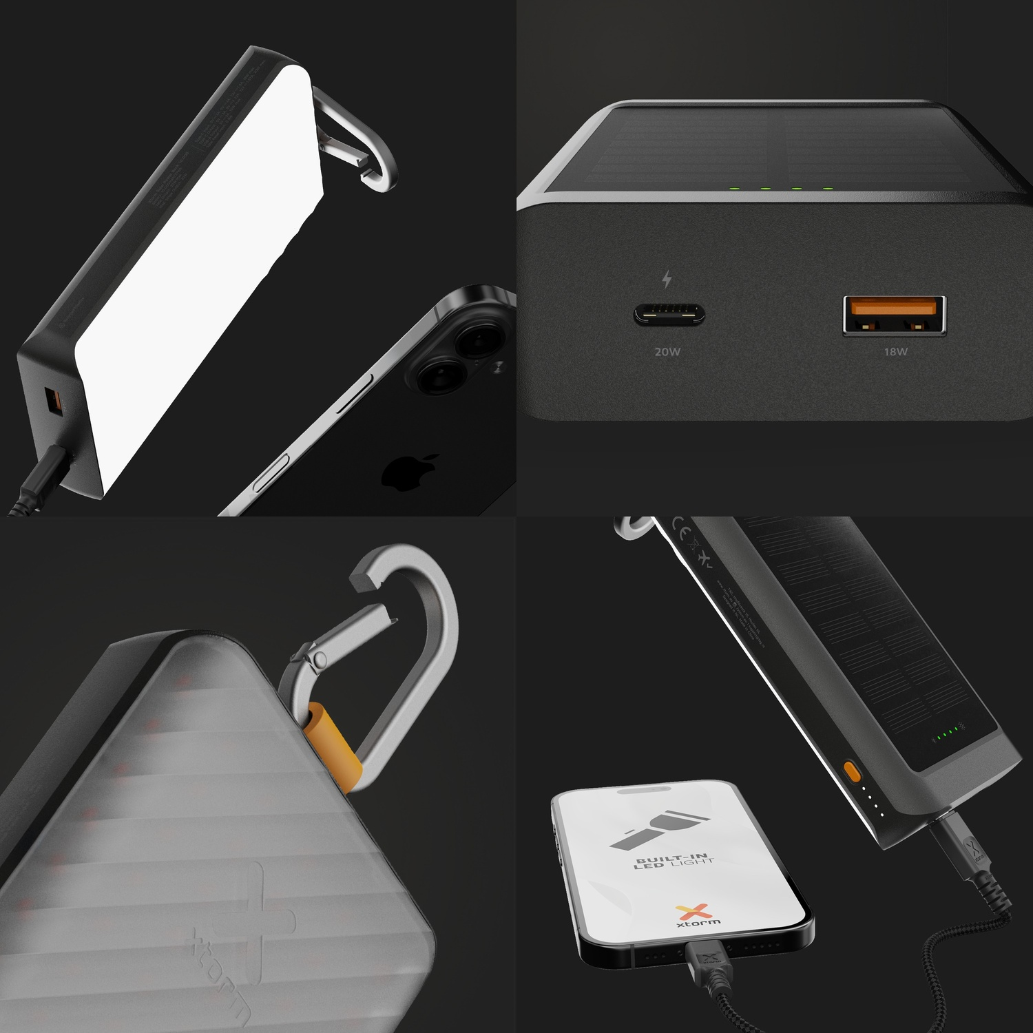 Quatre vues d'une batterie externe noire avec panneau solaire, mousqueton et ports USB.