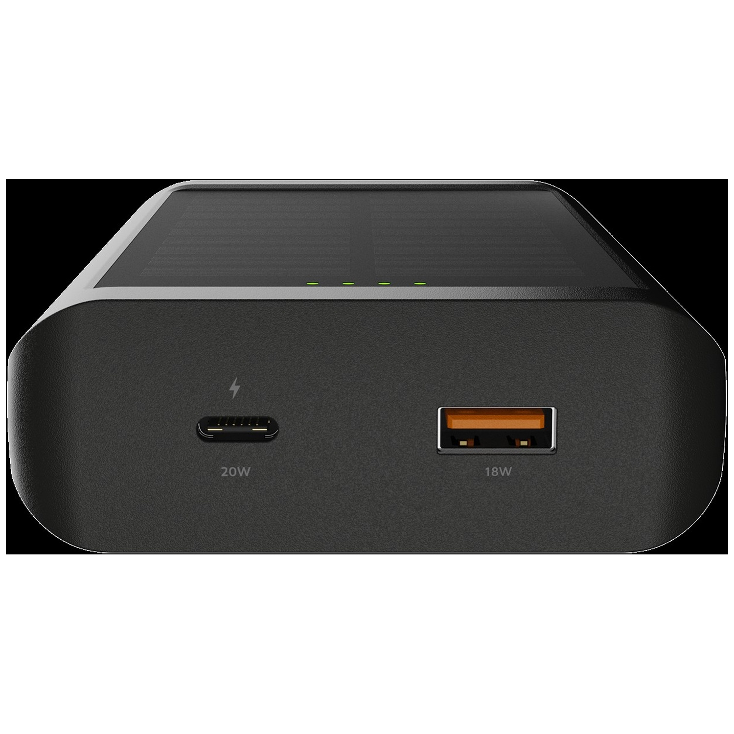 Une batterie externe noire dispose d'un port USB-C 20W et d'un port USB-A 18W à l'avant, avec un panneau solaire.