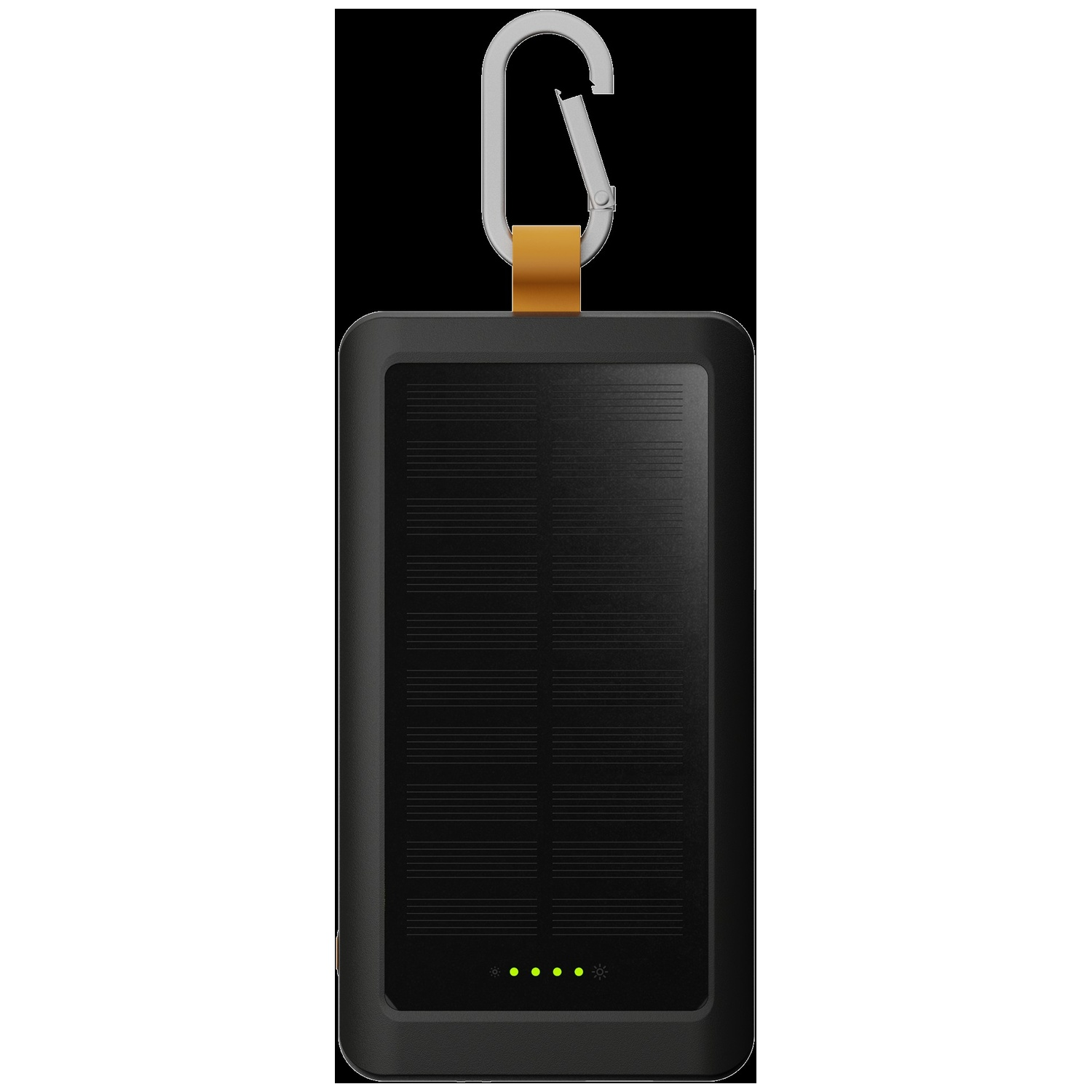 Batterie solaire noire avec sangle orange et mousqueton.