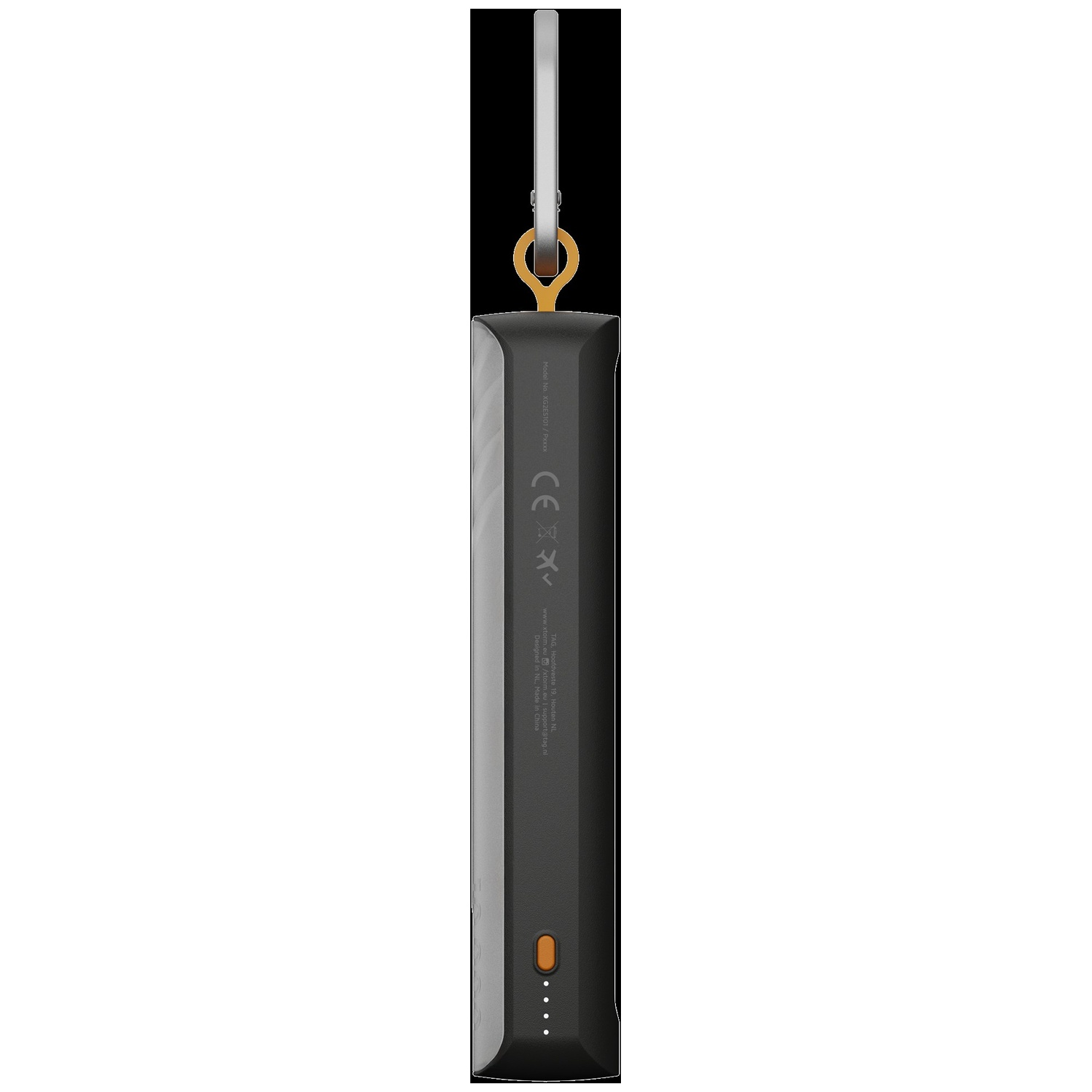 Batterie externe sombre et fine avec accent orange et clip sur fond blanc.