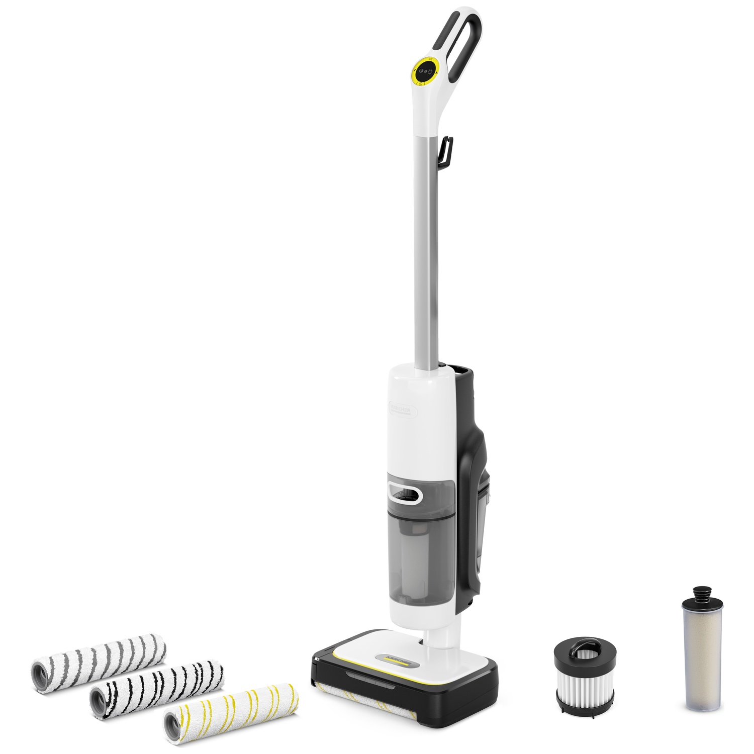 Nettoyeur de sols blancs avec trois rouleaux de rechange, un filtre rond et un réservoir de solution.