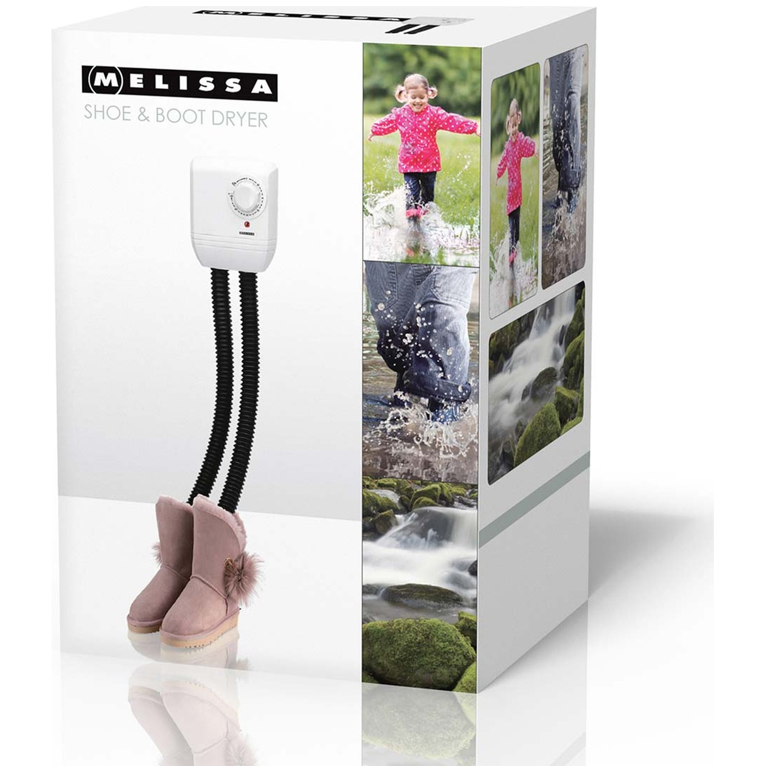 Melissa shoe and boot dryer in white packaging, featuring two flexible black hoses drying pink boots.