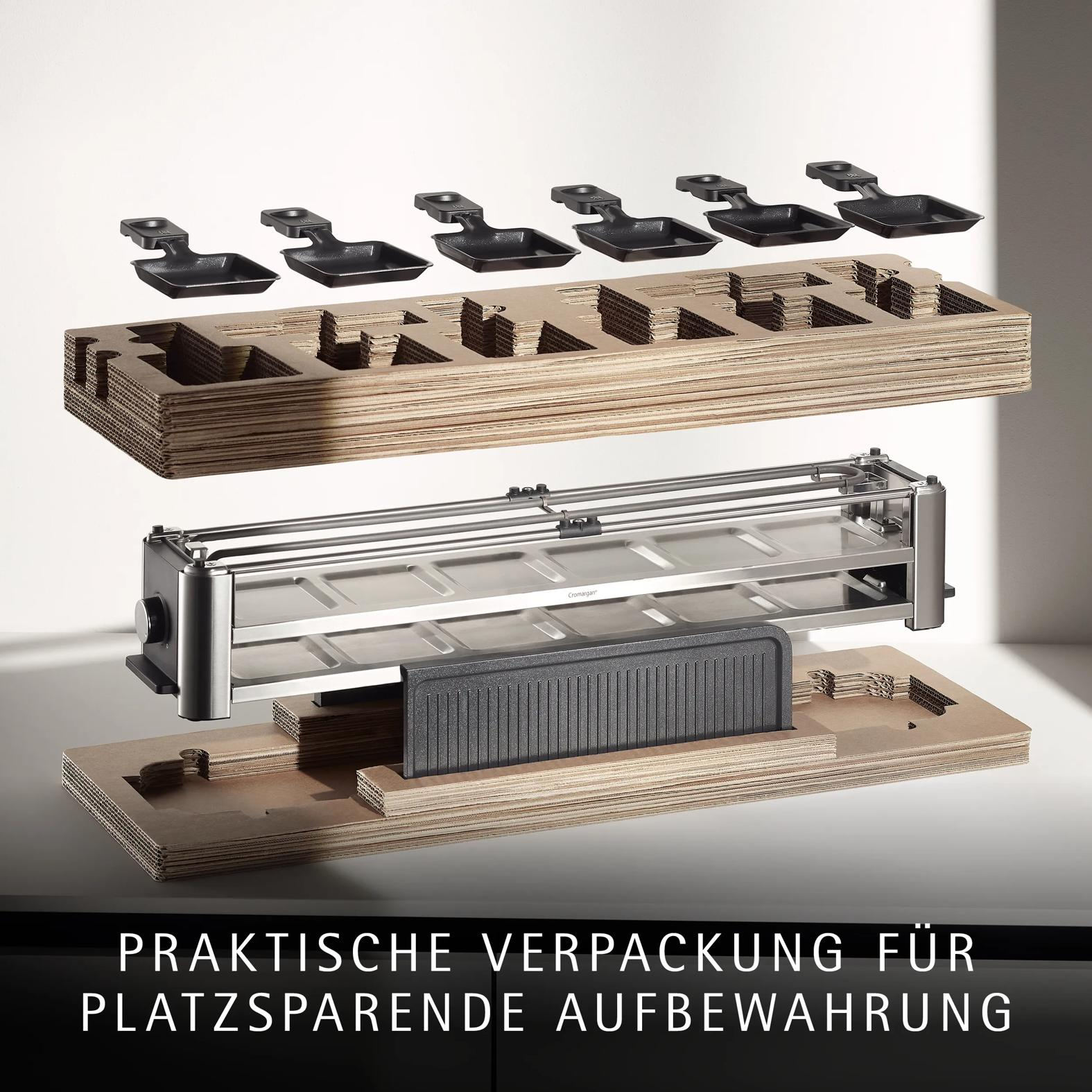 Explosionsdarstellung eines Raclettes mit Kartonverpackung und sechs Pfännchen auf hellem Untergrund.