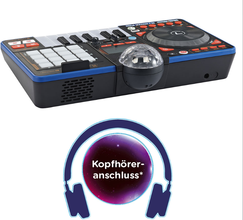 Ein DJ-Mixer mit Keyboard, Drum-Pads, Plattentellern und einer Diskokugel; unten ein Kopfhörer-Symbol.