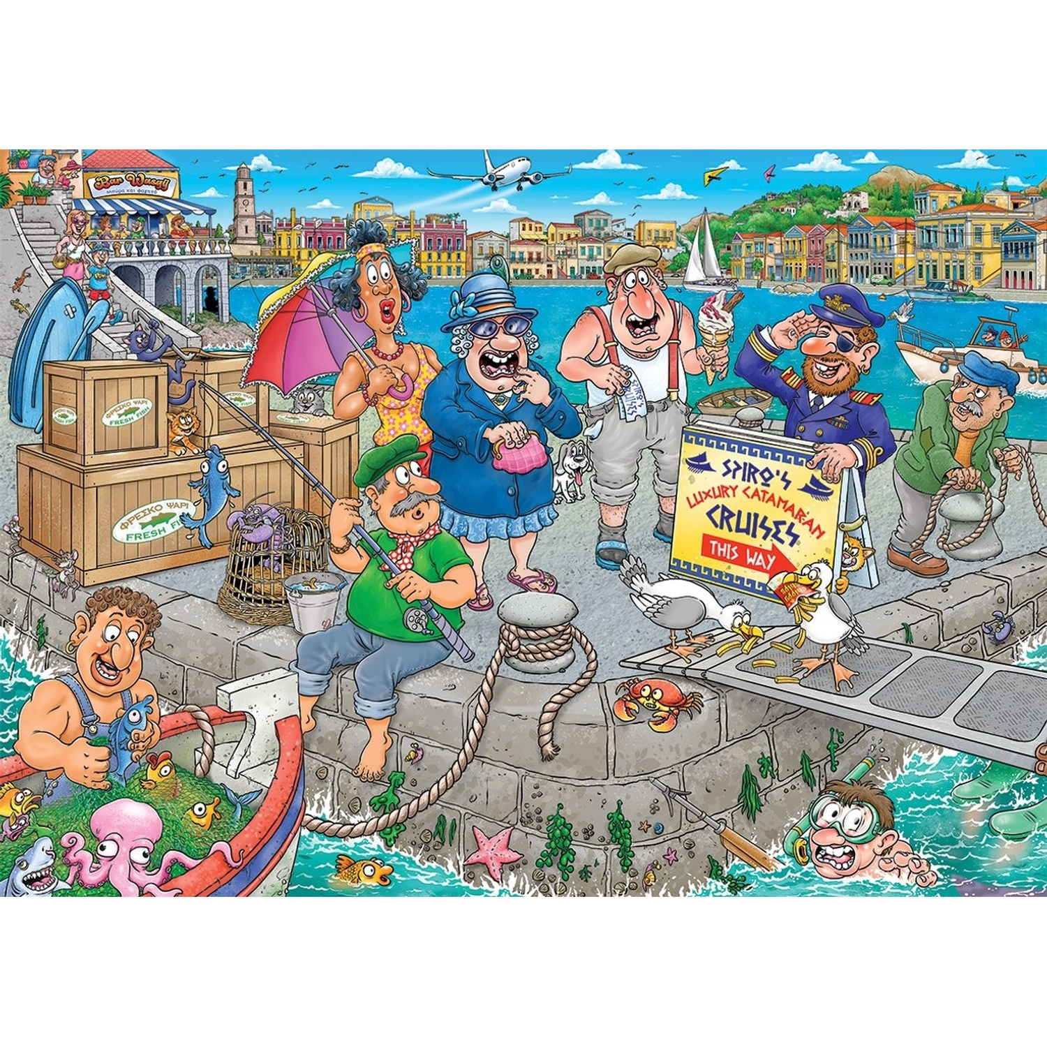 Colorful cartoon scene at a harbor with people, boats, and sea.