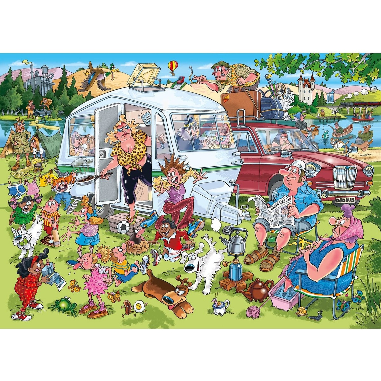 Cartoon scene of a chaotic family camping trip with a caravan, red car, children, and pets by a lake.