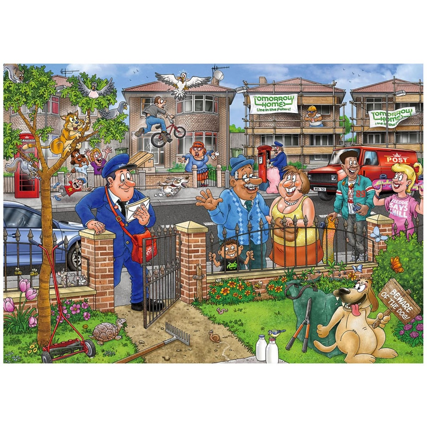 A bustling suburban street scene featuring a postman, neighbors chatting, a dog, and various cartoonish characters.