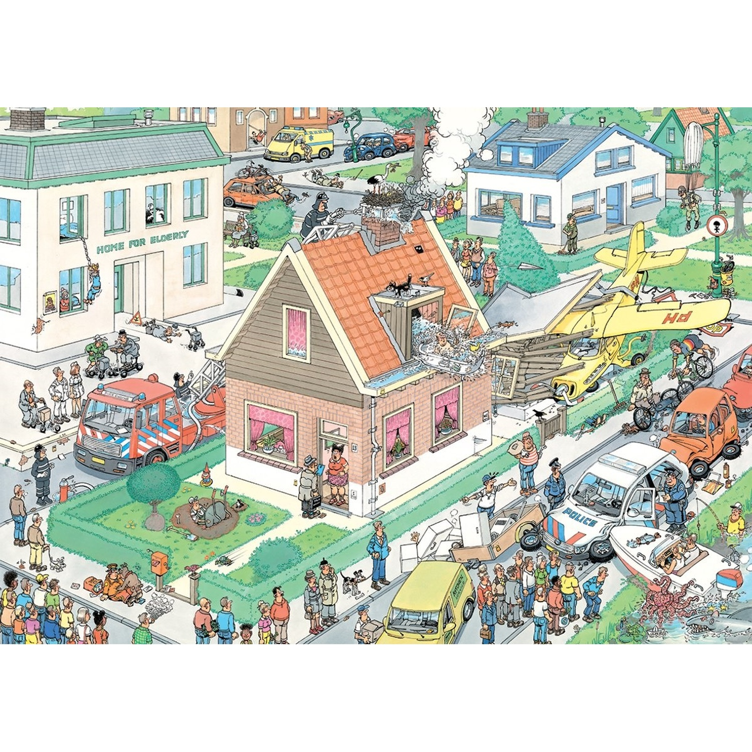 Busy cartoon scene showing a crashed airplane into a house, a fire truck, police cars, and many people.