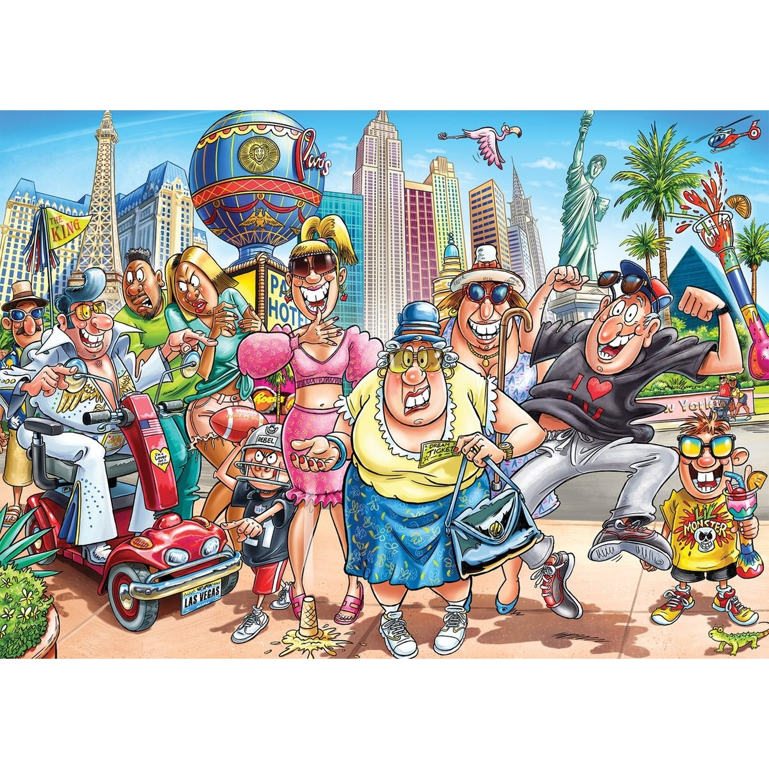 Caricature of tourists posing in front of a city skyline with famous landmarks.