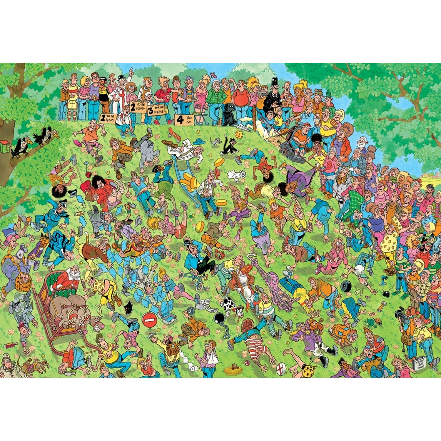 Detailed cartoon illustration of many people tumbling and rolling down a grassy hill.