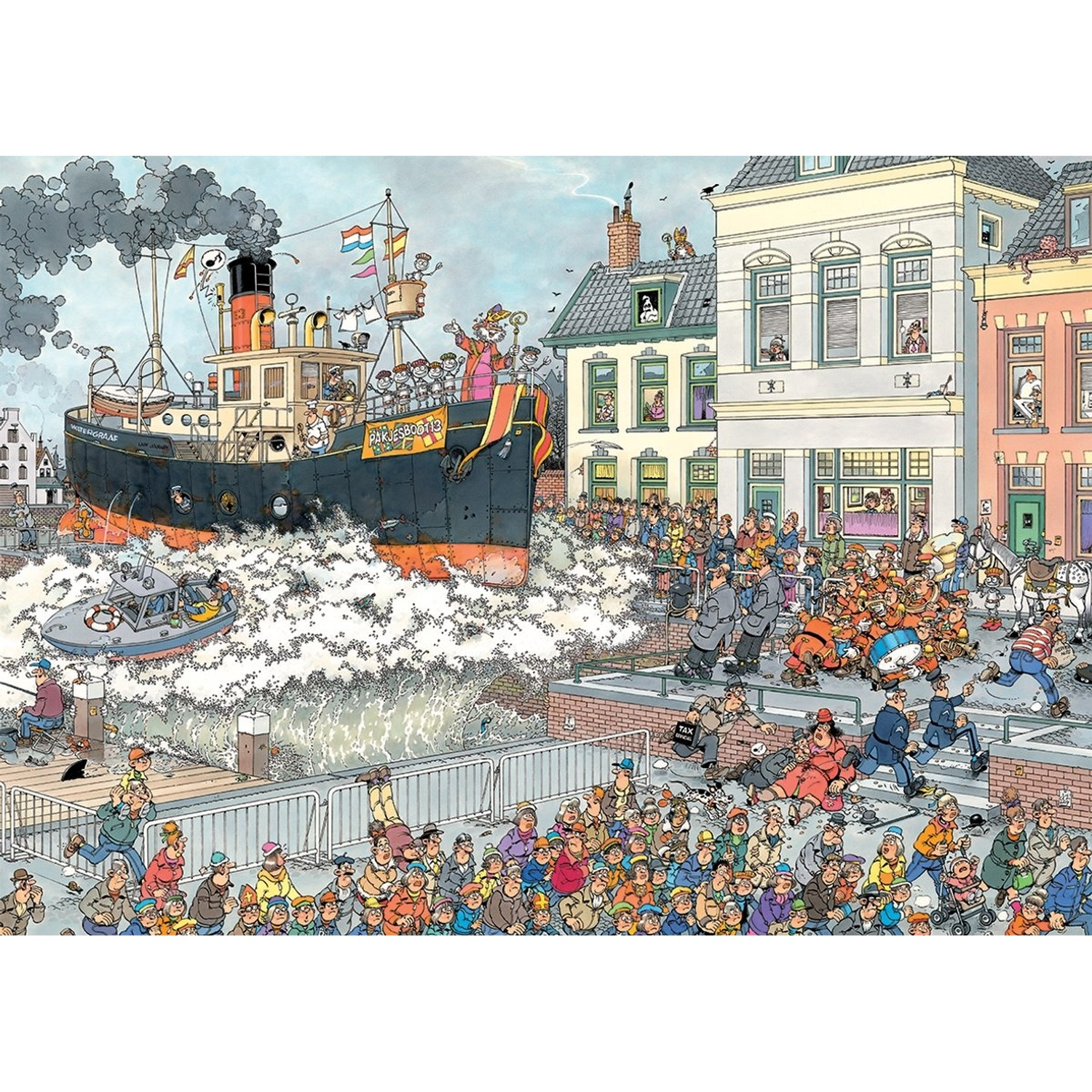 A bustling crowd of people on a quay as a large steamboat arrives, creating splashes of water.